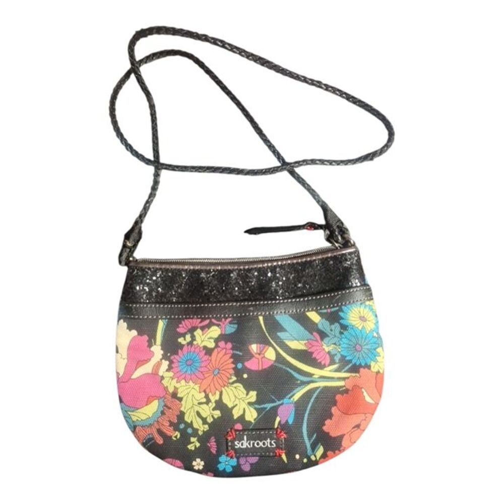 Sakroots Small Crossbody Bag Purse Floral Design Rope Twist & Glitter Accent